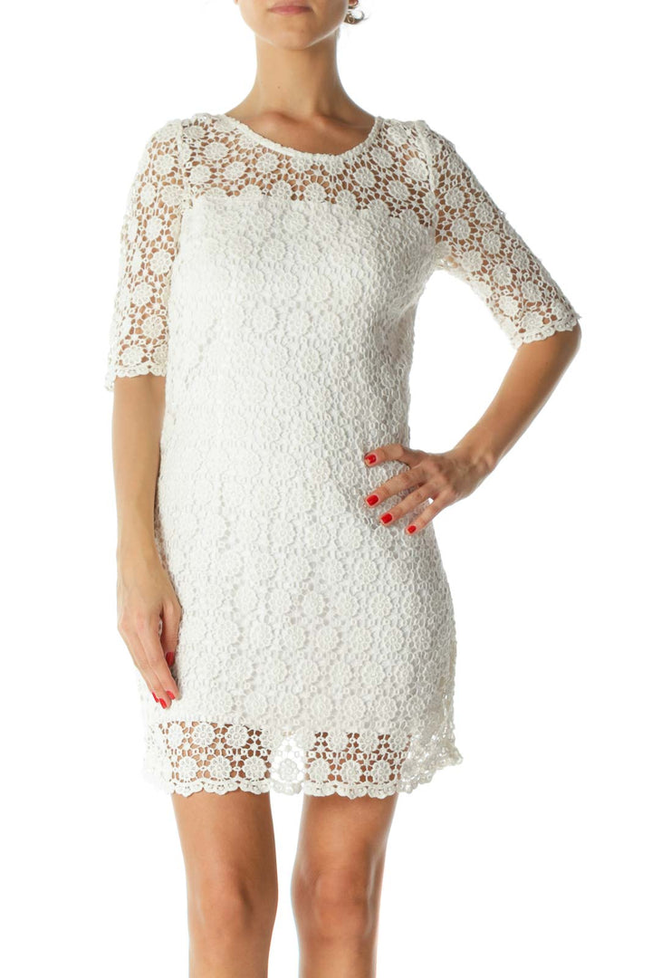 White 100% Cotton Round-Neck 3/4 Sleeve Floral-Knit Dress