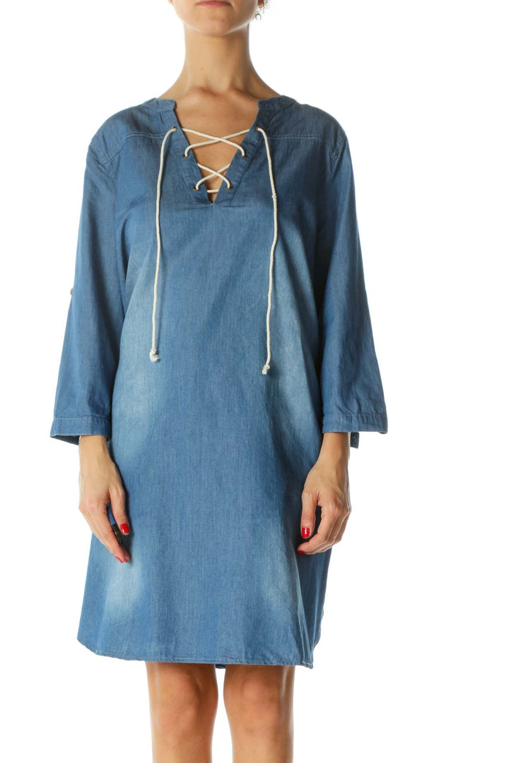 Blue Medium-Wash 3/4-Roll-Up-Sleeves Denim-Look Crisscross Day Dress