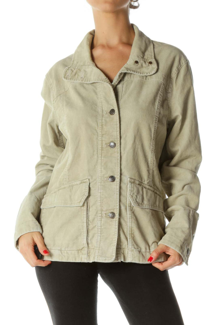 Beige Metal Buttons Pocketed Corduroy Jacket