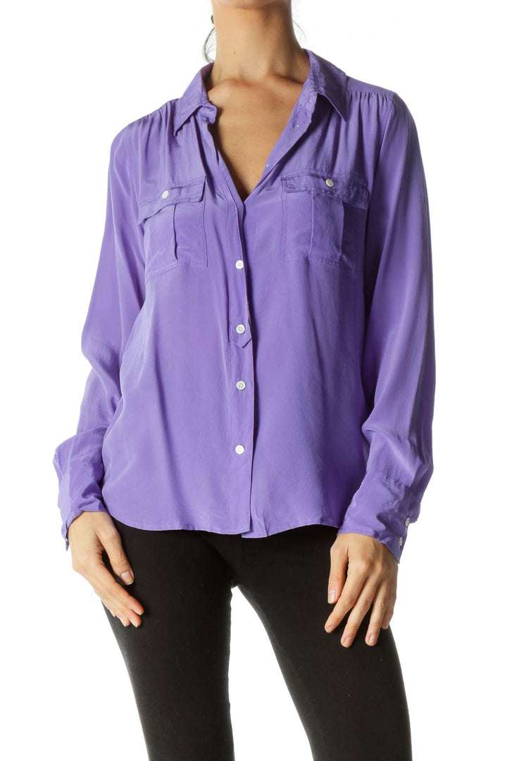 Purple 100% Silk Buttoned Pockets Shirt