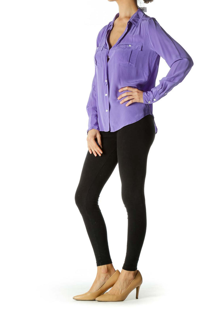 Purple 100% Silk Buttoned Pockets Shirt