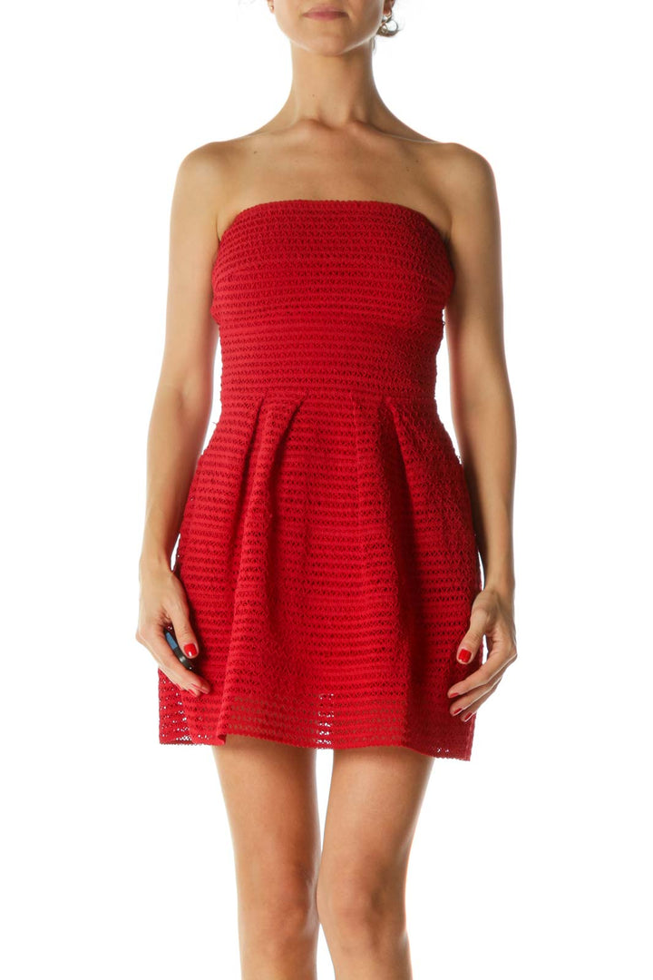 Red Elastic-Knit Strapless Pleated Stretch Cocktail Dress