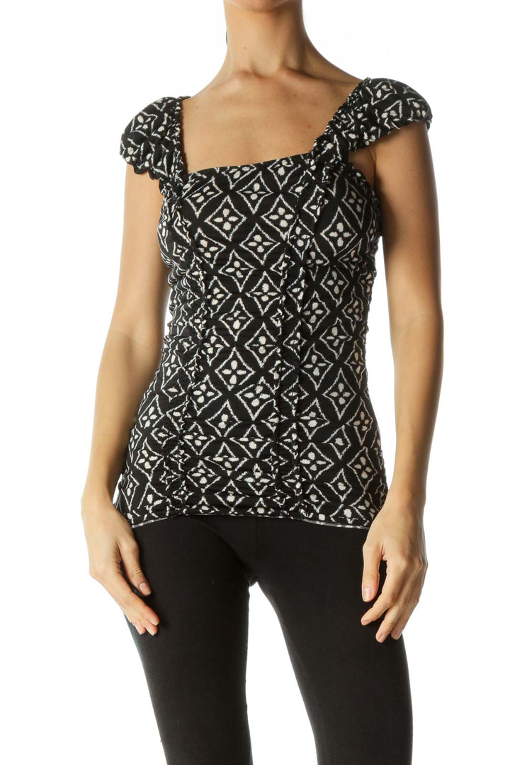 Black Cream Print Scrunch Detail Top