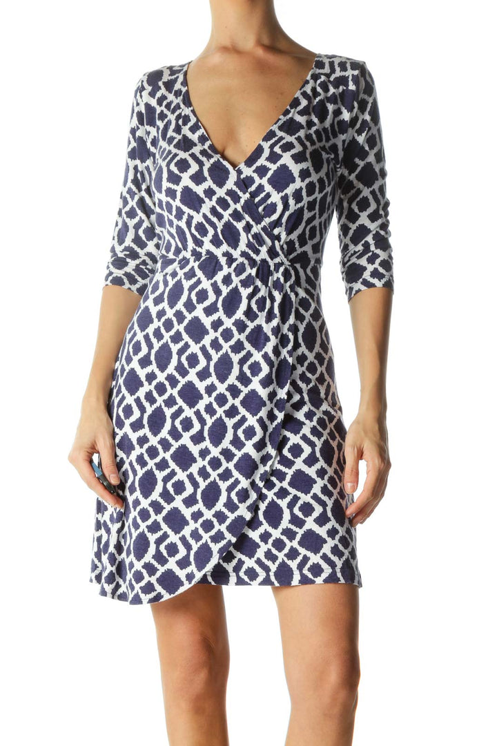 Blue and White V-Neck Print Wrap Dress