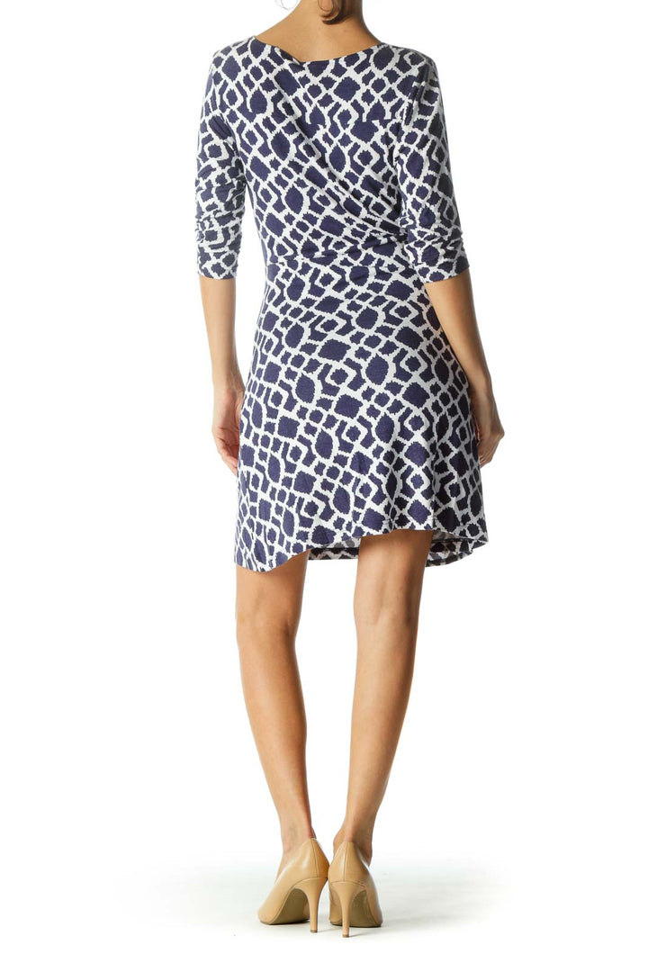 Blue and White V-Neck Print Wrap Dress