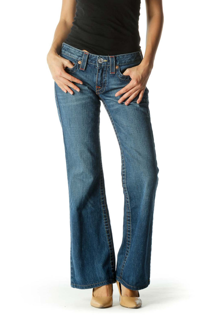 Blue Medium-Wash Stitched Flared Denim Jeans