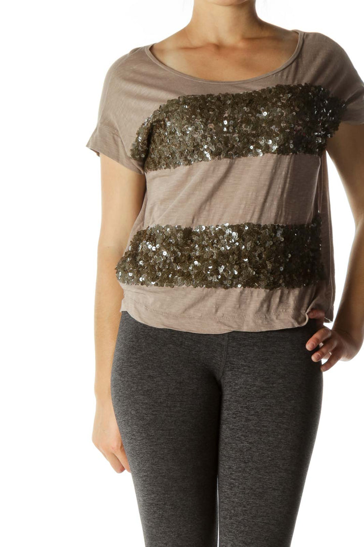 Brown Boat Neck Cotton Blend Sequined Detail T-Shirt