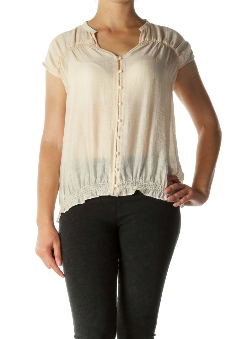 Beige Scrunched Detail Cap Sleeves Elastic Waist Top