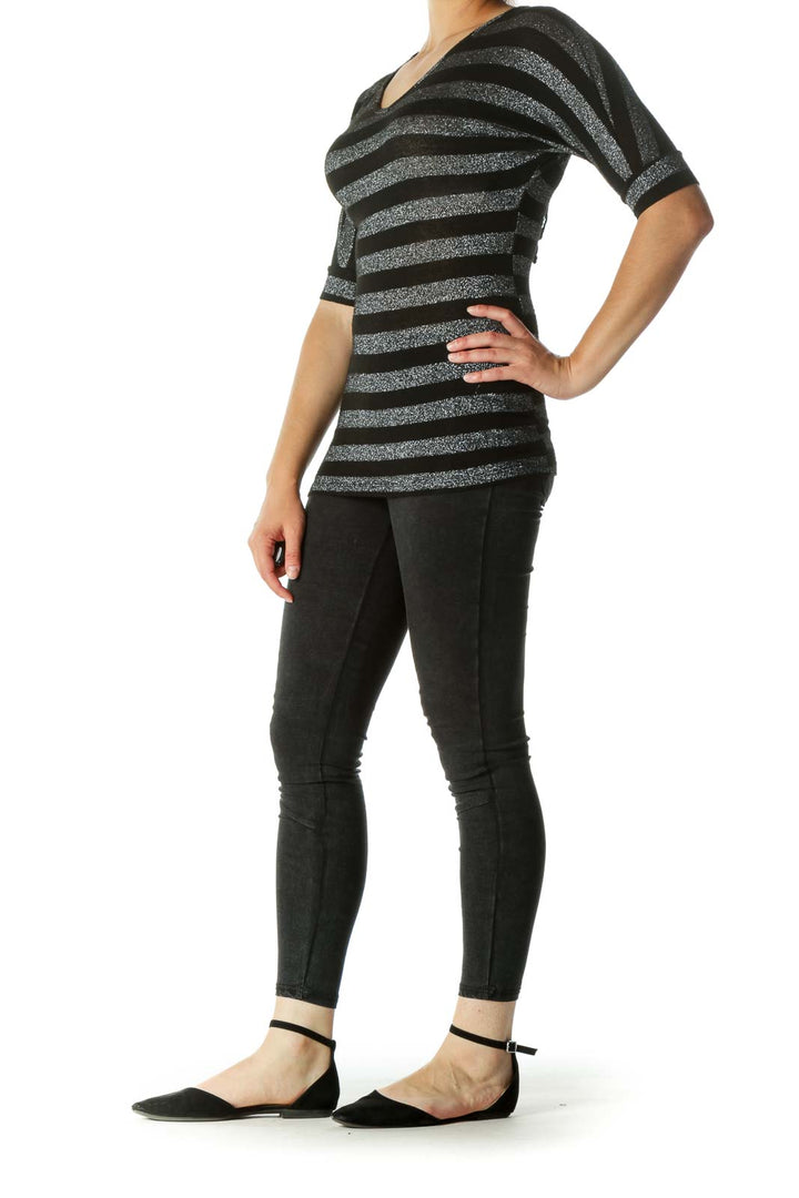 Black Silver V-Neck Striped Knit Back Bat Sleeves Top