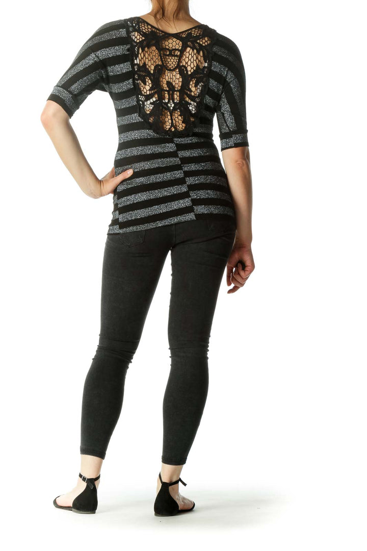 Black Silver V-Neck Striped Knit Back Bat Sleeves Top