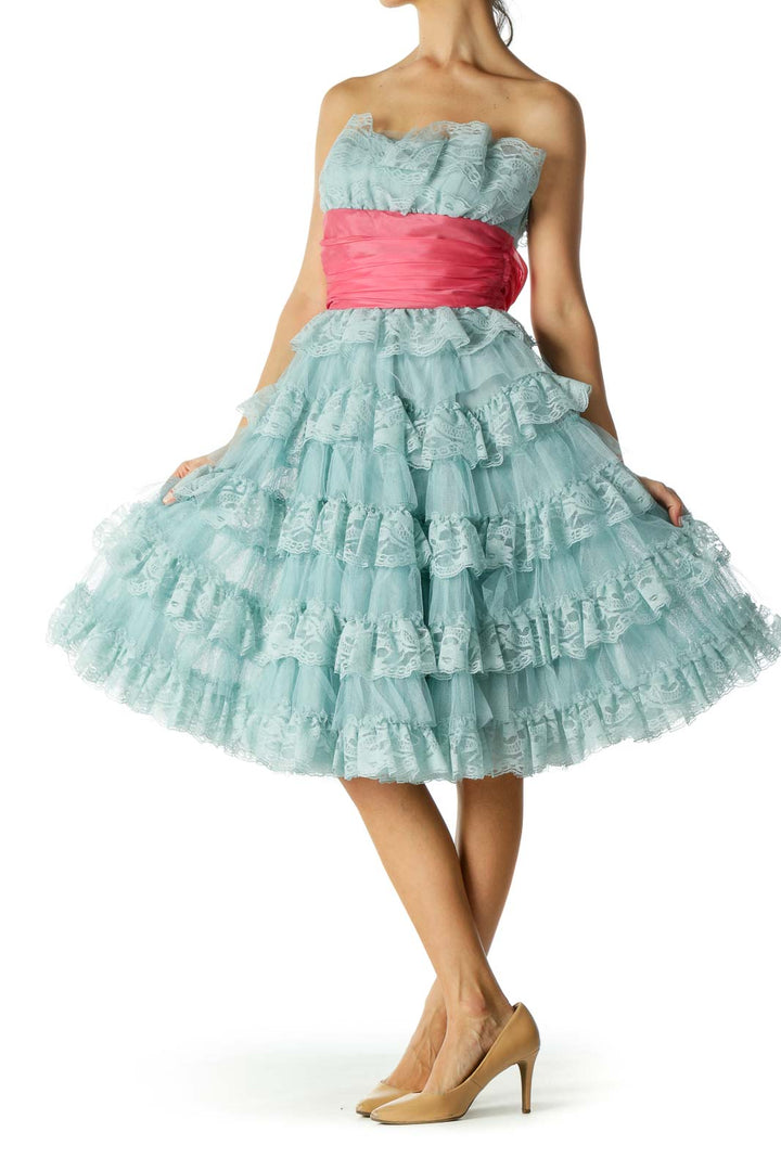 Blue Pink Lace Strapless Flared Cocktail Dress