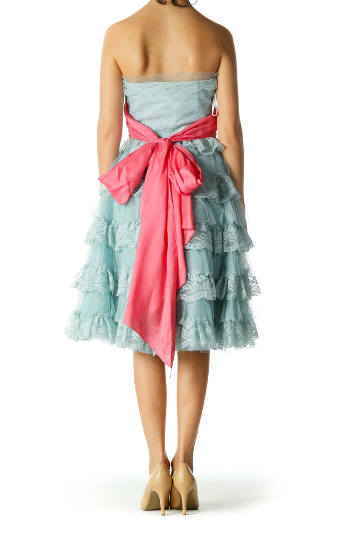 Blue Pink Lace Strapless Flared Cocktail Dress