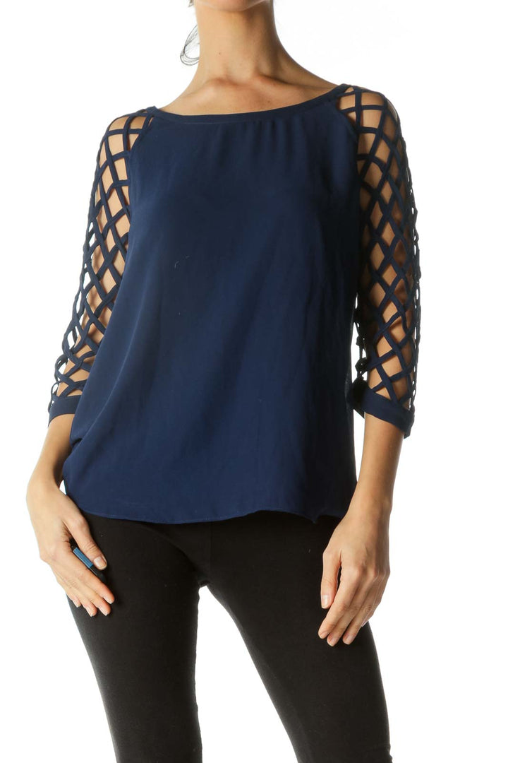 Blue Net Sleeves Round Neck Top