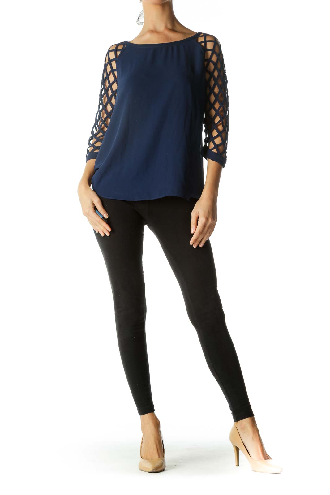 Blue Net Sleeves Round Neck Top