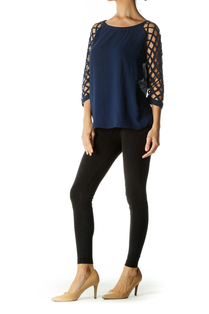 Blue Net Sleeves Round Neck Top