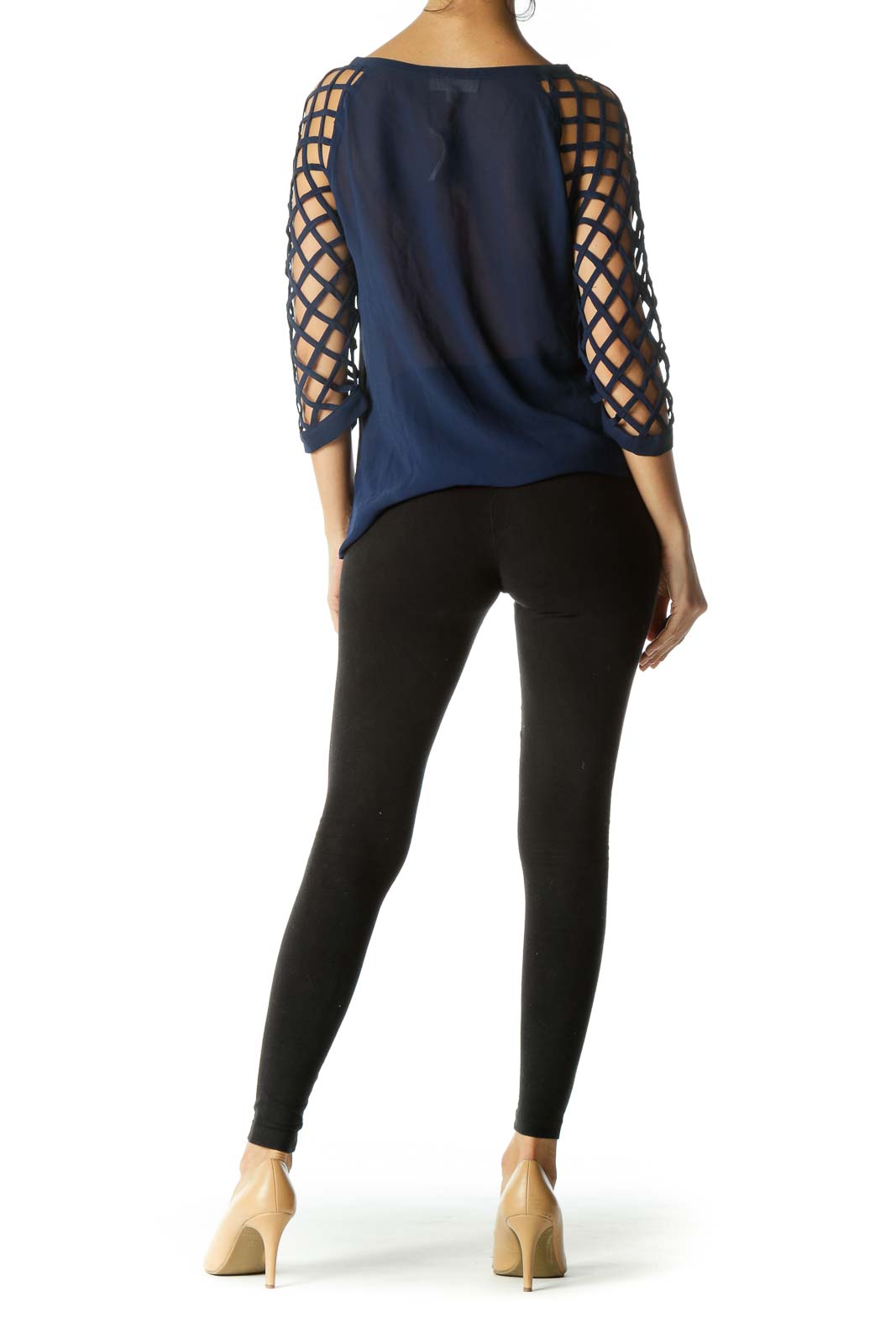 Blue Net Sleeves Round Neck Top