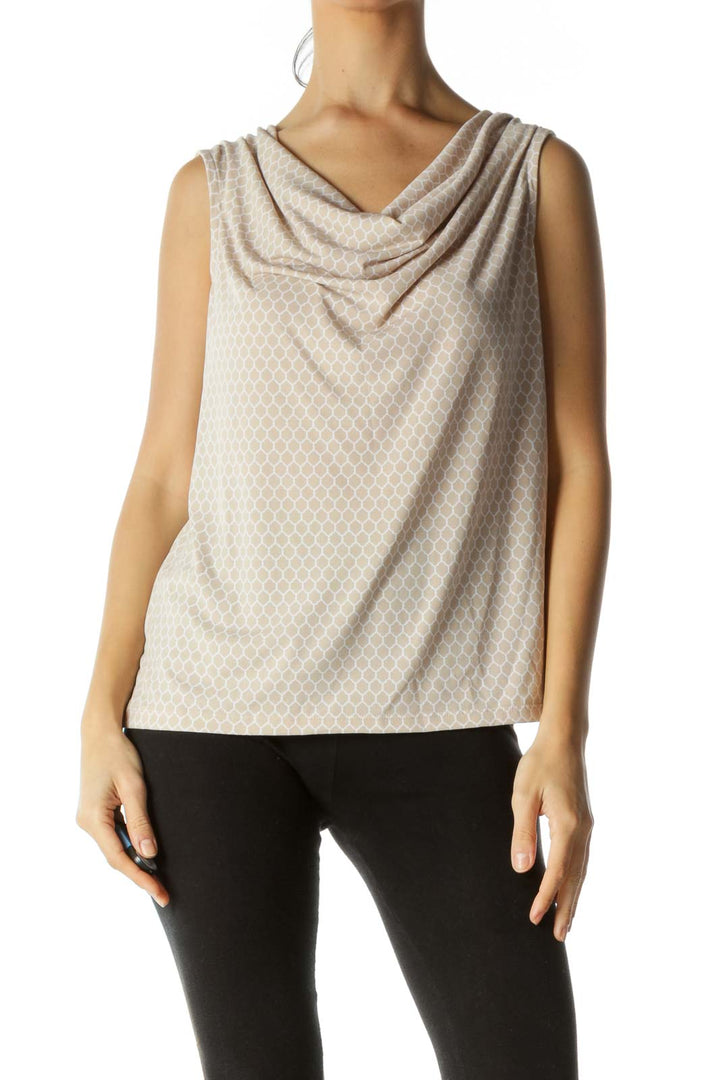 Beige White Print Cowl Neck Stretch Top