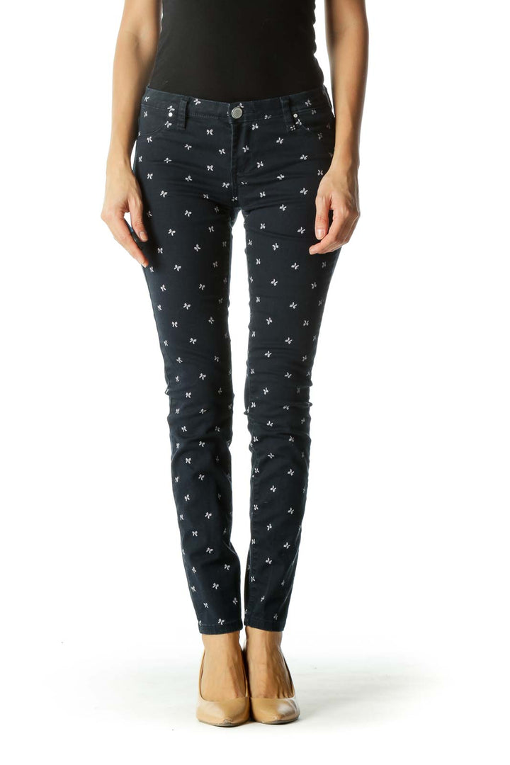 Blue Bow Patterned Slim-Fit Pants