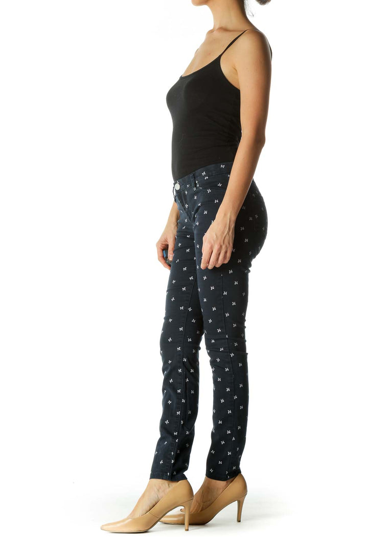 Blue Bow Patterned Slim-Fit Pants