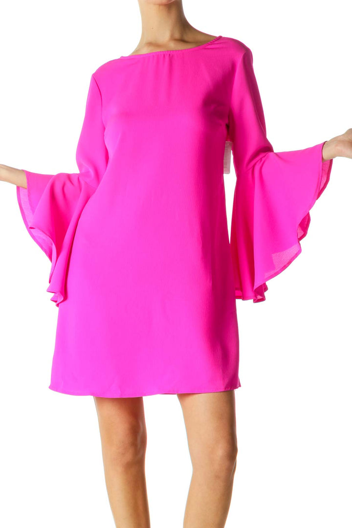 Hot Pink Back Cut-Out Flared Sleeves Dress