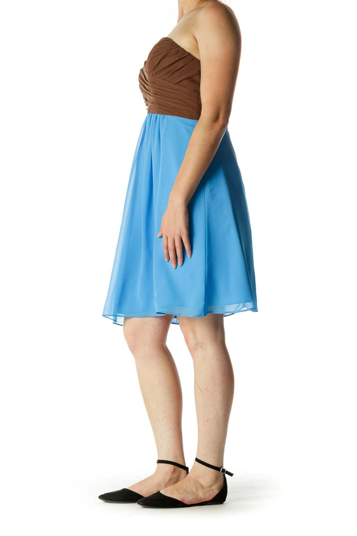 Blue and Brown Pleated Strapless Dress