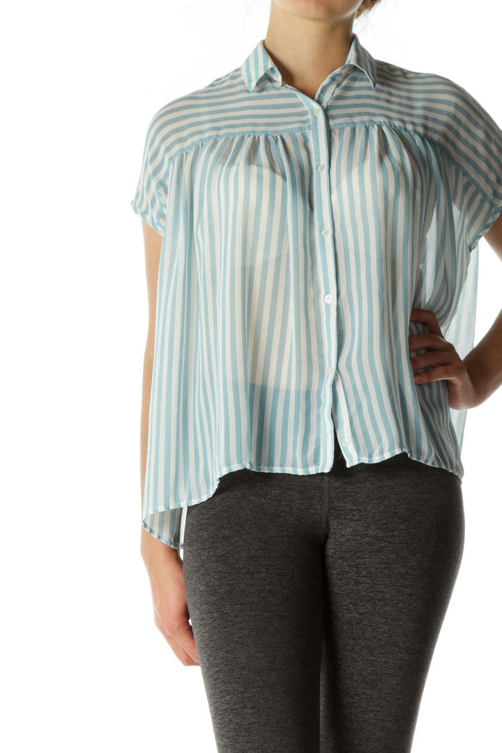 Blue White Striped Translucent Button Top