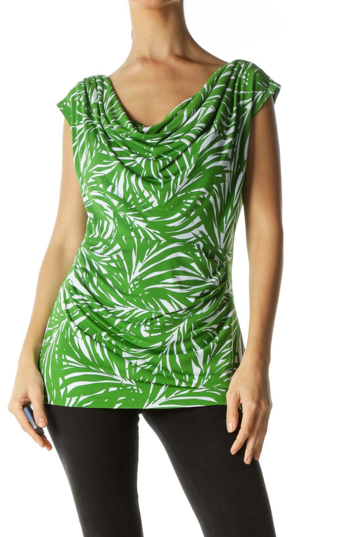 Green White Palm Leaves Print Stretch Tank Top