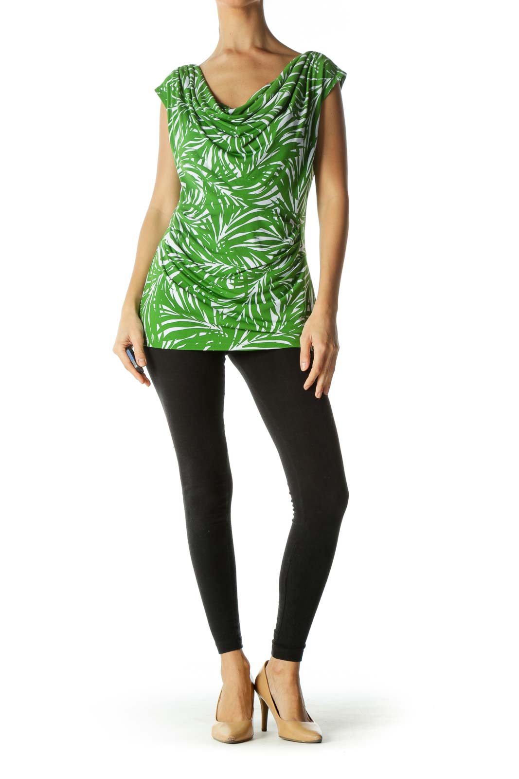 Green White Palm Leaves Print Stretch Tank Top