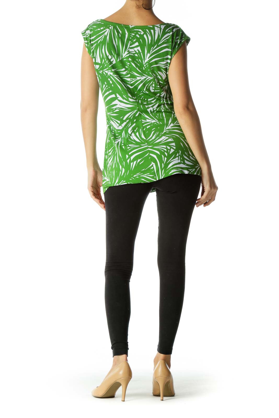 Green White Palm Leaves Print Stretch Tank Top