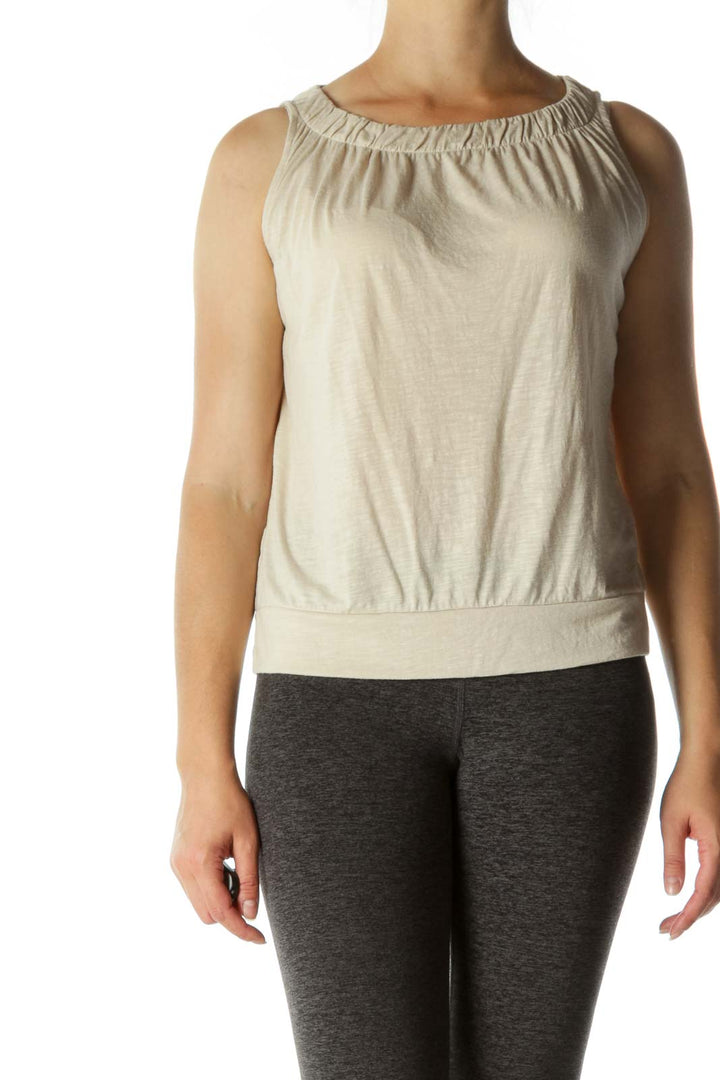 Beige Boat Neck Scrunch Detail Tank Top