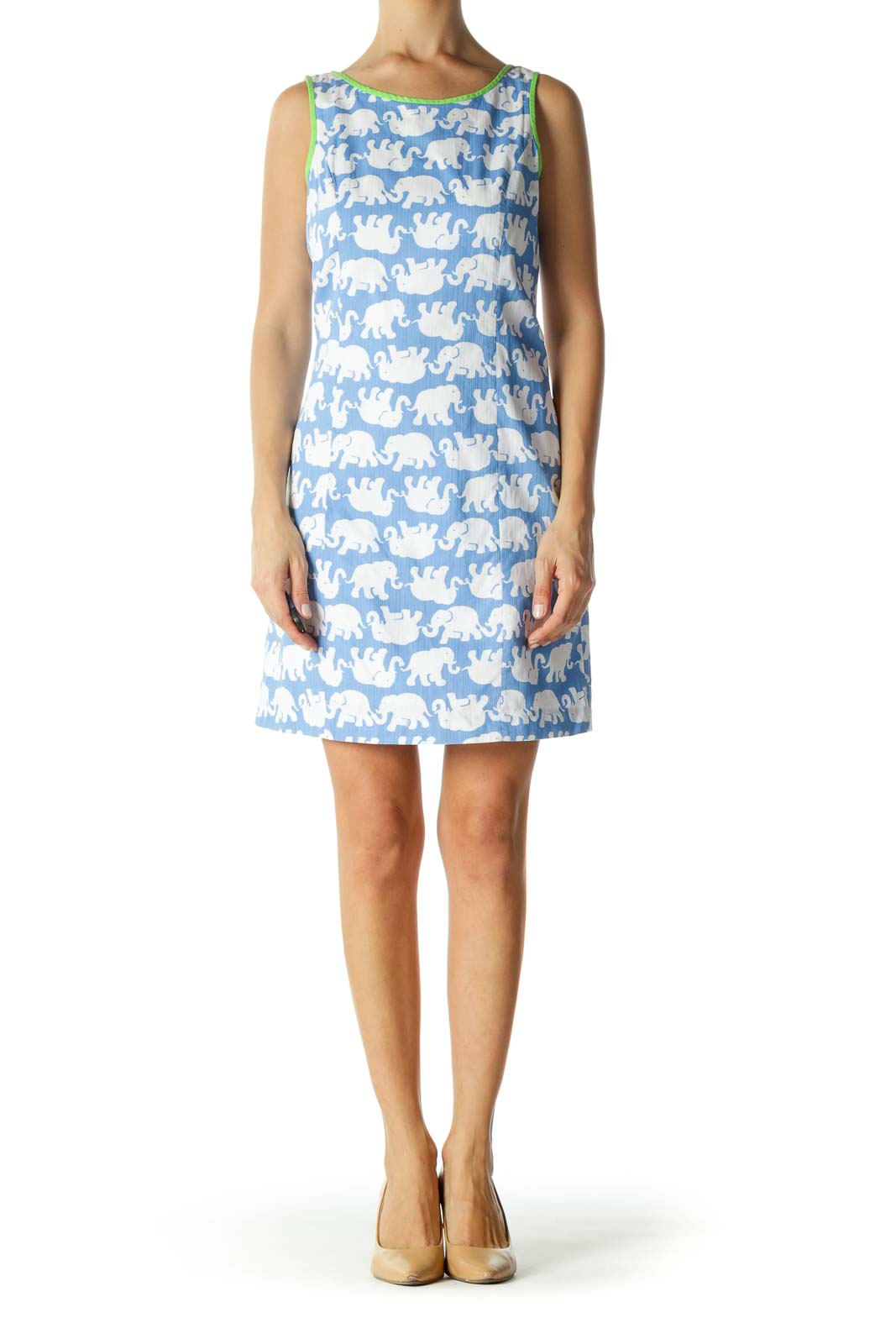 Blue White Green Elephant Textured Print Day Dress