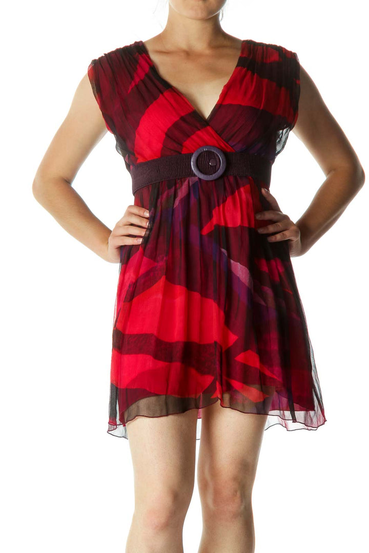 Red Black Blue Silk Print Belted Day Dress