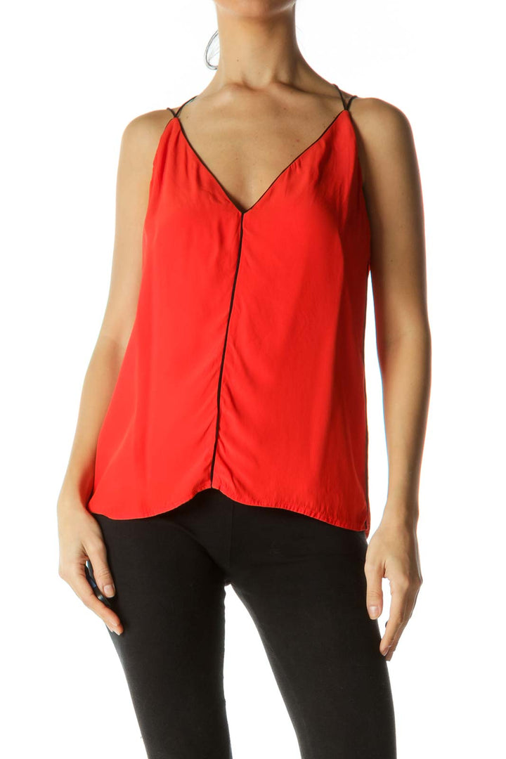 Orange Black Contrasting Piping V-Neck Blouse