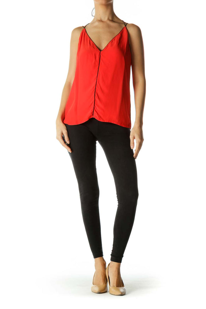 Orange Black Contrasting Piping V-Neck Blouse