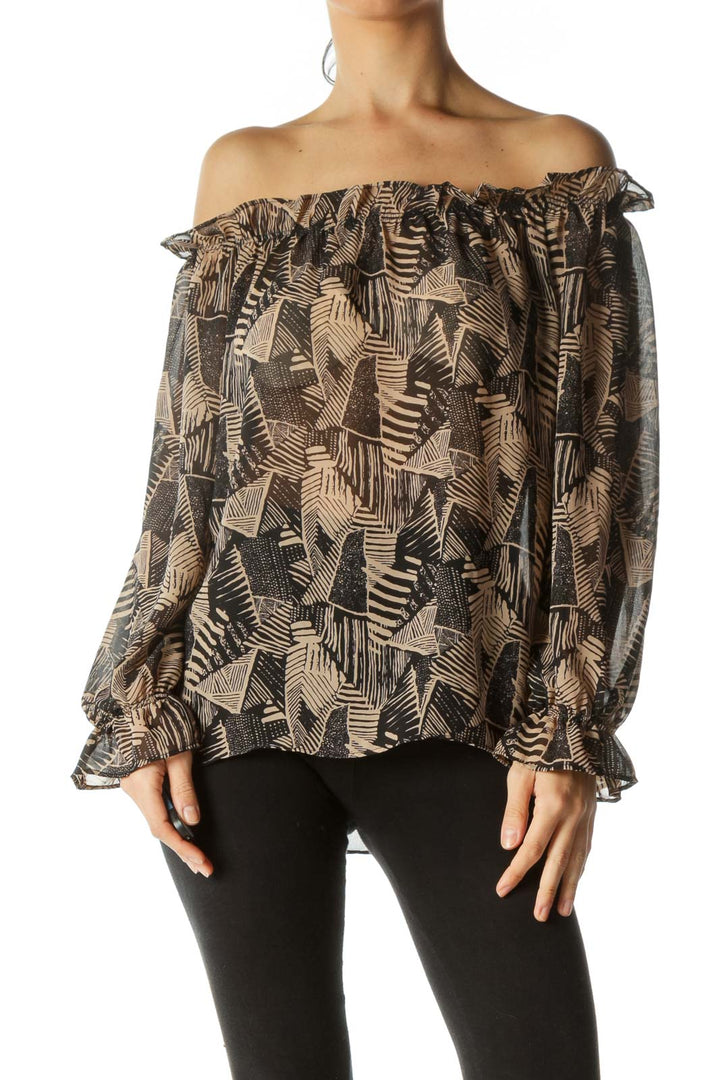 Black Beige Cold-Shoulder Print Long Sleeve Top