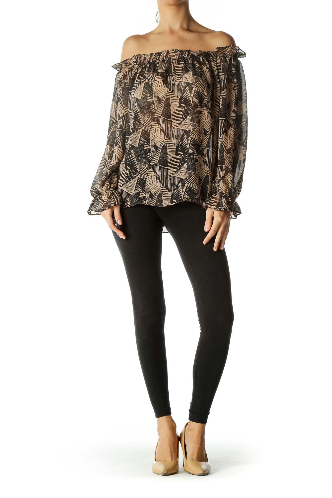 Black Beige Cold-Shoulder Print Long Sleeve Top