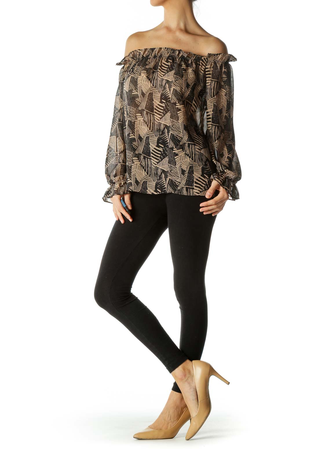 Black Beige Cold-Shoulder Print Long Sleeve Top