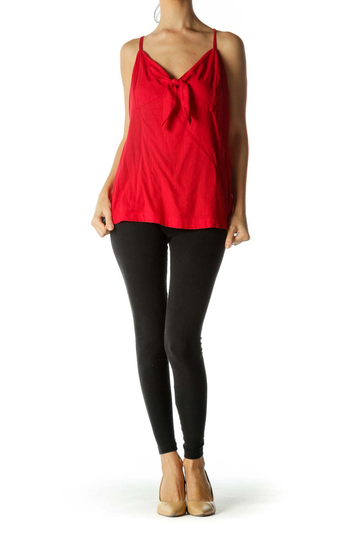 Red Cotton Blend Spaghetti Strap Knot Top