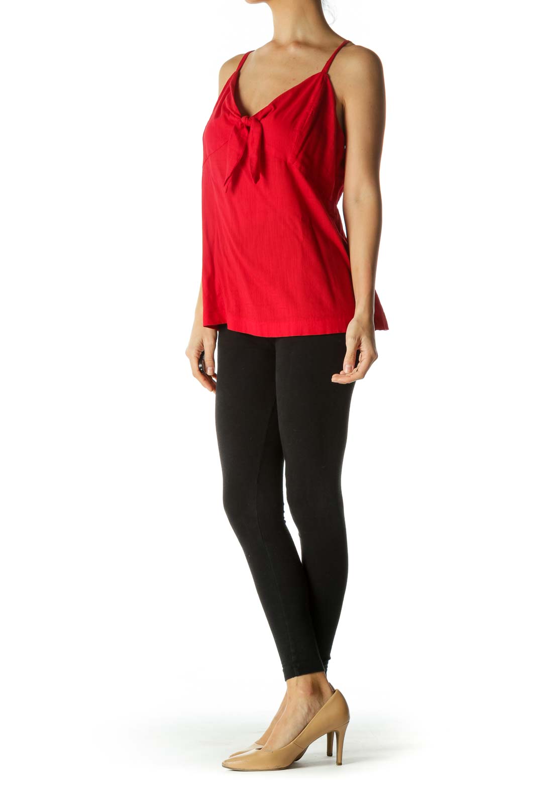 Red Cotton Blend Spaghetti Strap Knot Top