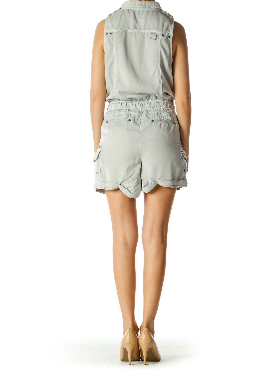 Gray Pocketed Drawstring Zippered Field Romper