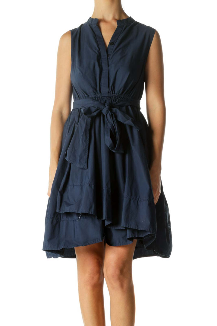 Blue 100% Cotton Elastic Waist Belted Day Dress