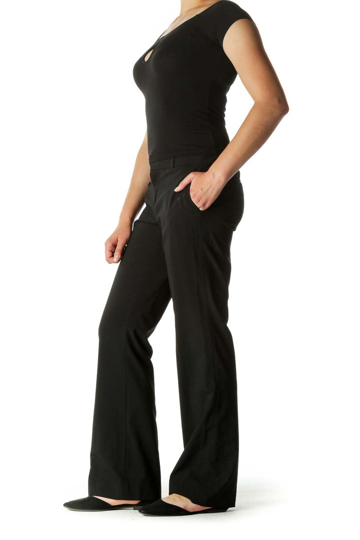 Black Wool Blend Straight Pocketed Leg Pants