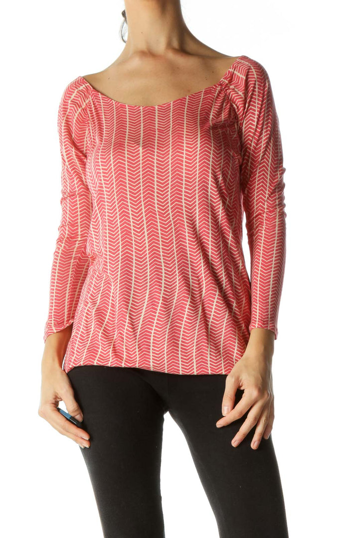 Red Patterned Long Sleeves Top