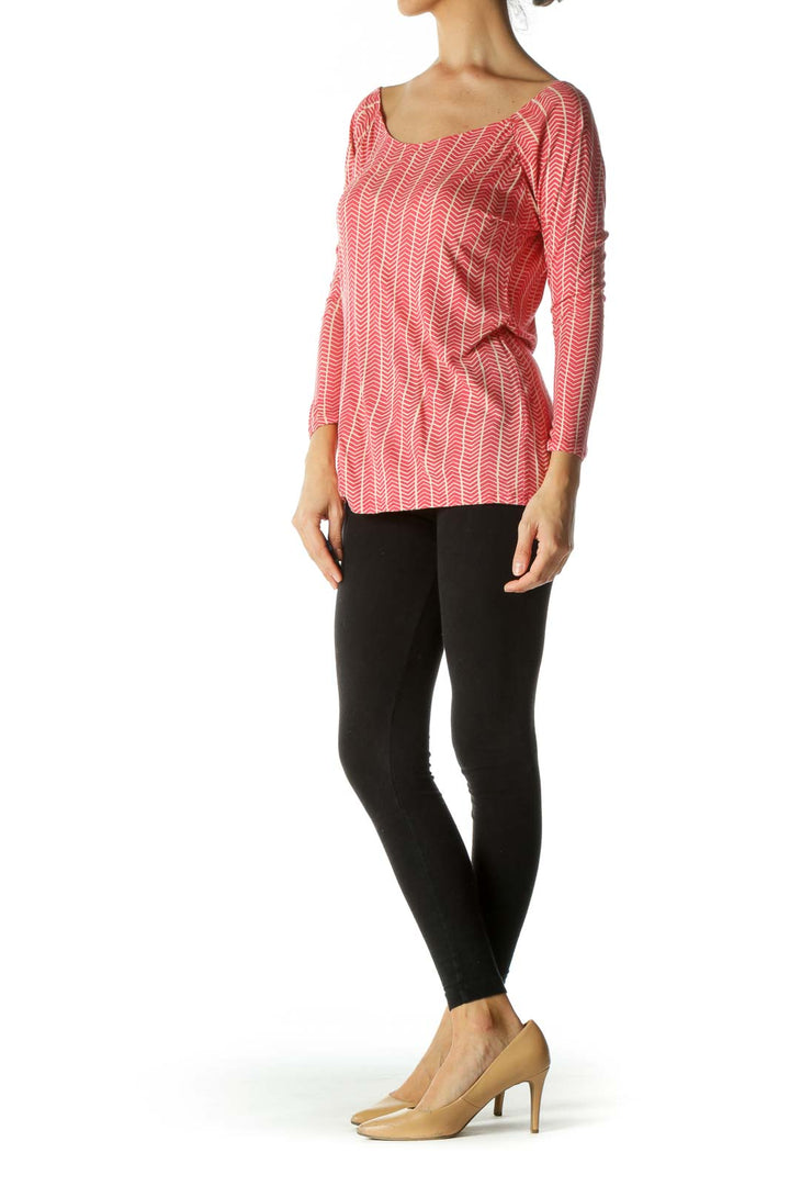 Red Patterned Long Sleeves Top