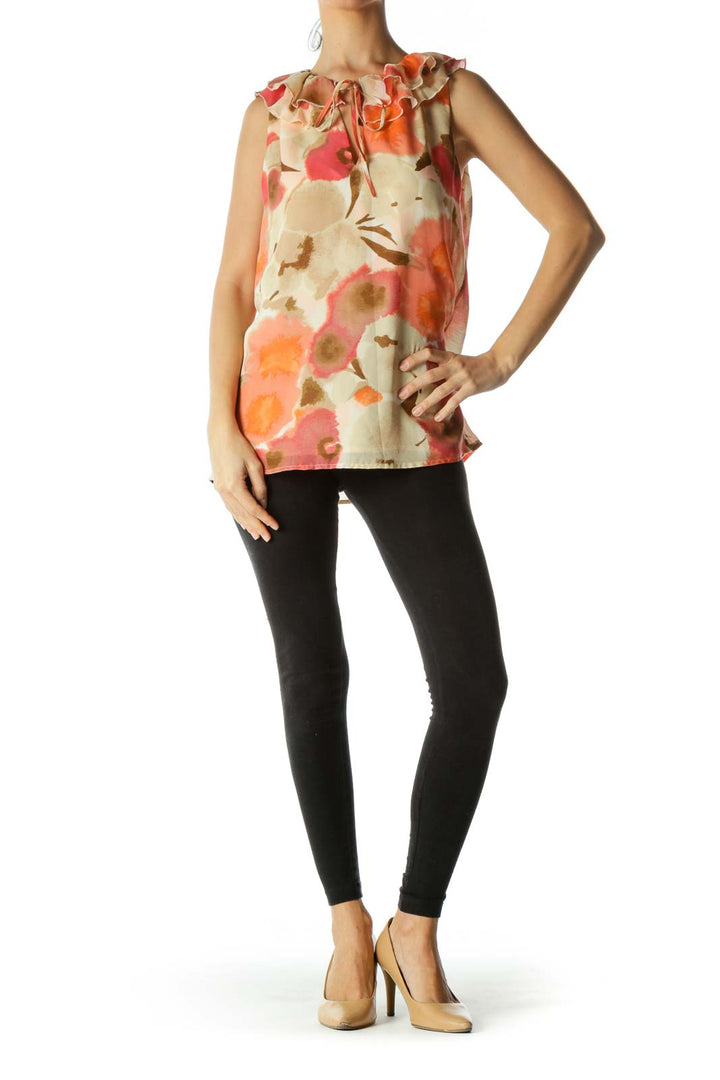 Multicolored V-Neck Ruffle Neck Detail Abstract Print Top