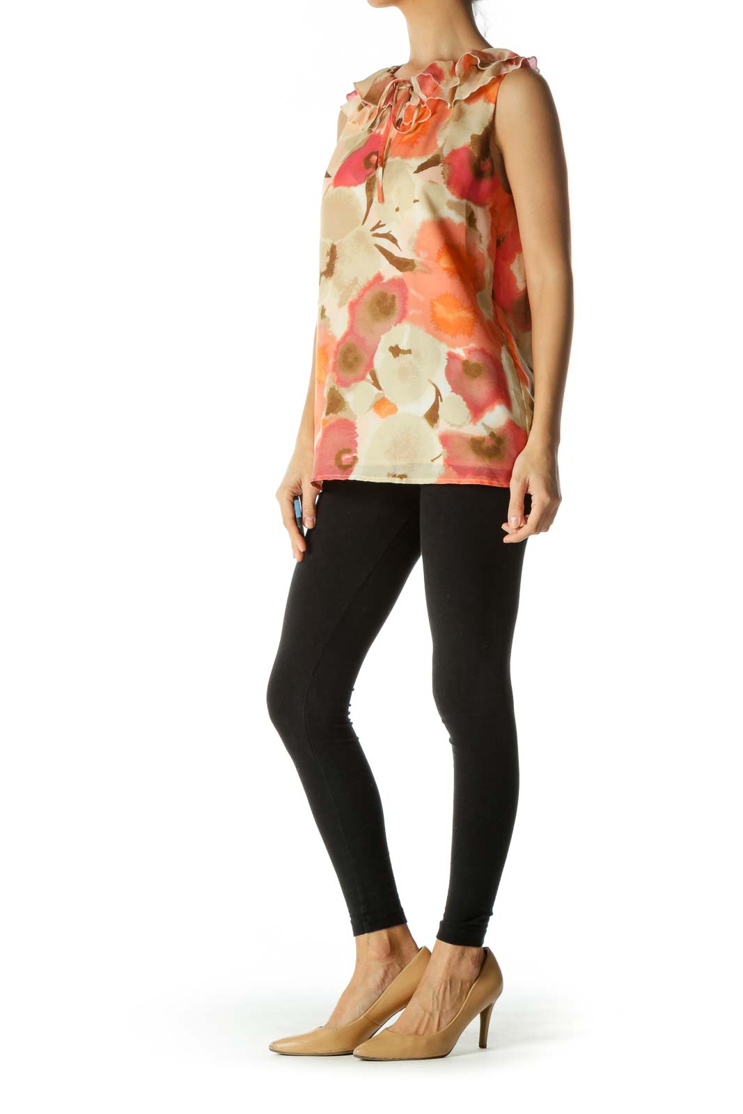 Multicolored V-Neck Ruffle Neck Detail Abstract Print Top