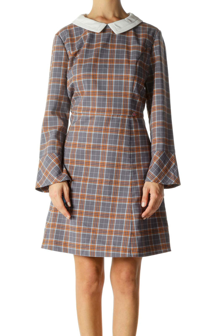 White Gray Orange Plaid Collared Long Sleeve Work Dress