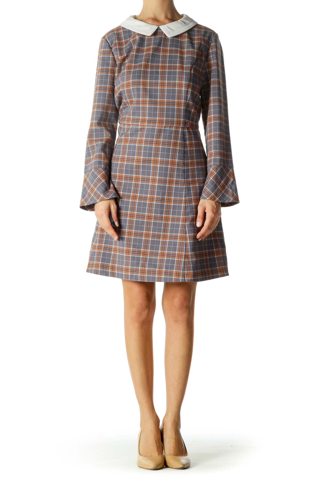 White Gray Orange Plaid Collared Long Sleeve Work Dress