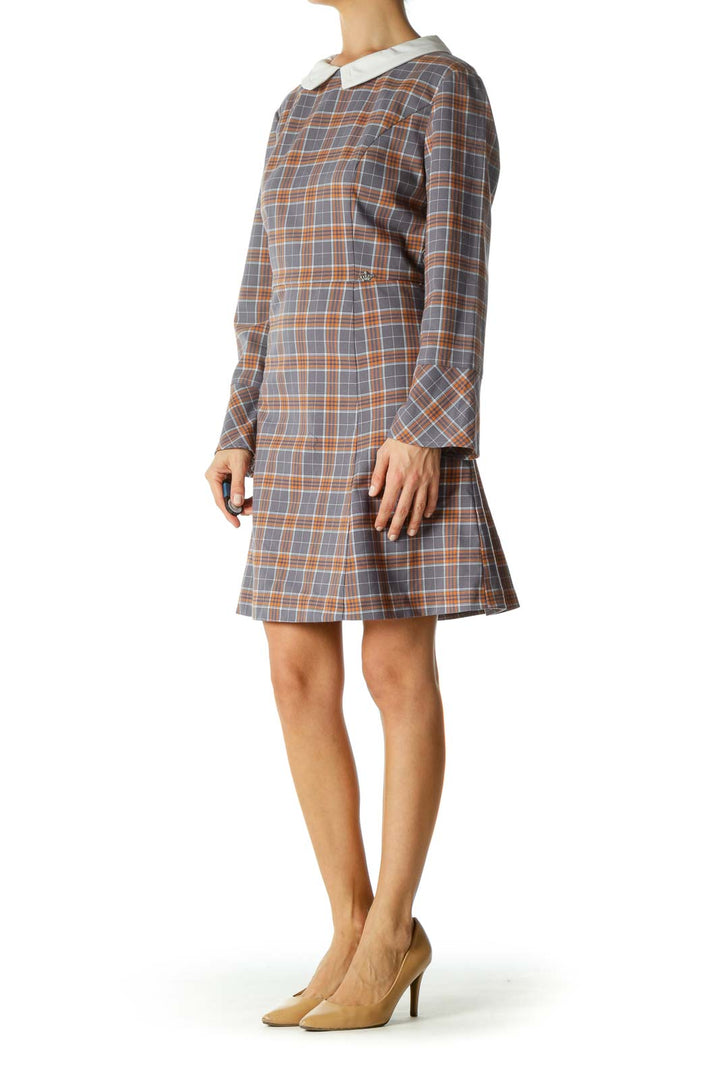 White Gray Orange Plaid Collared Long Sleeve Work Dress