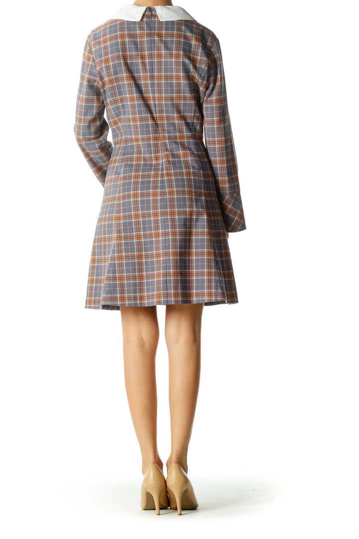 White Gray Orange Plaid Collared Long Sleeve Work Dress